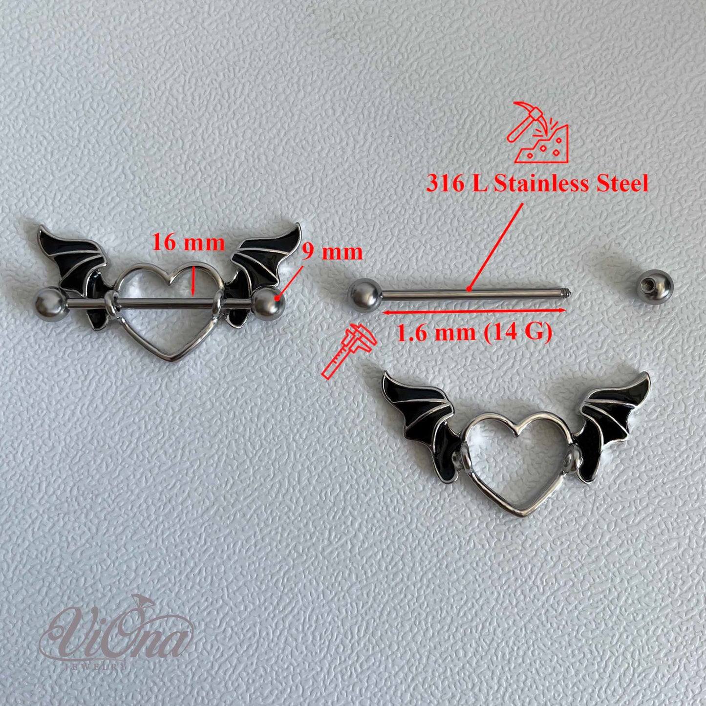 Schwarzes Gothic Herz Nippelpiercing – 14G Flügel