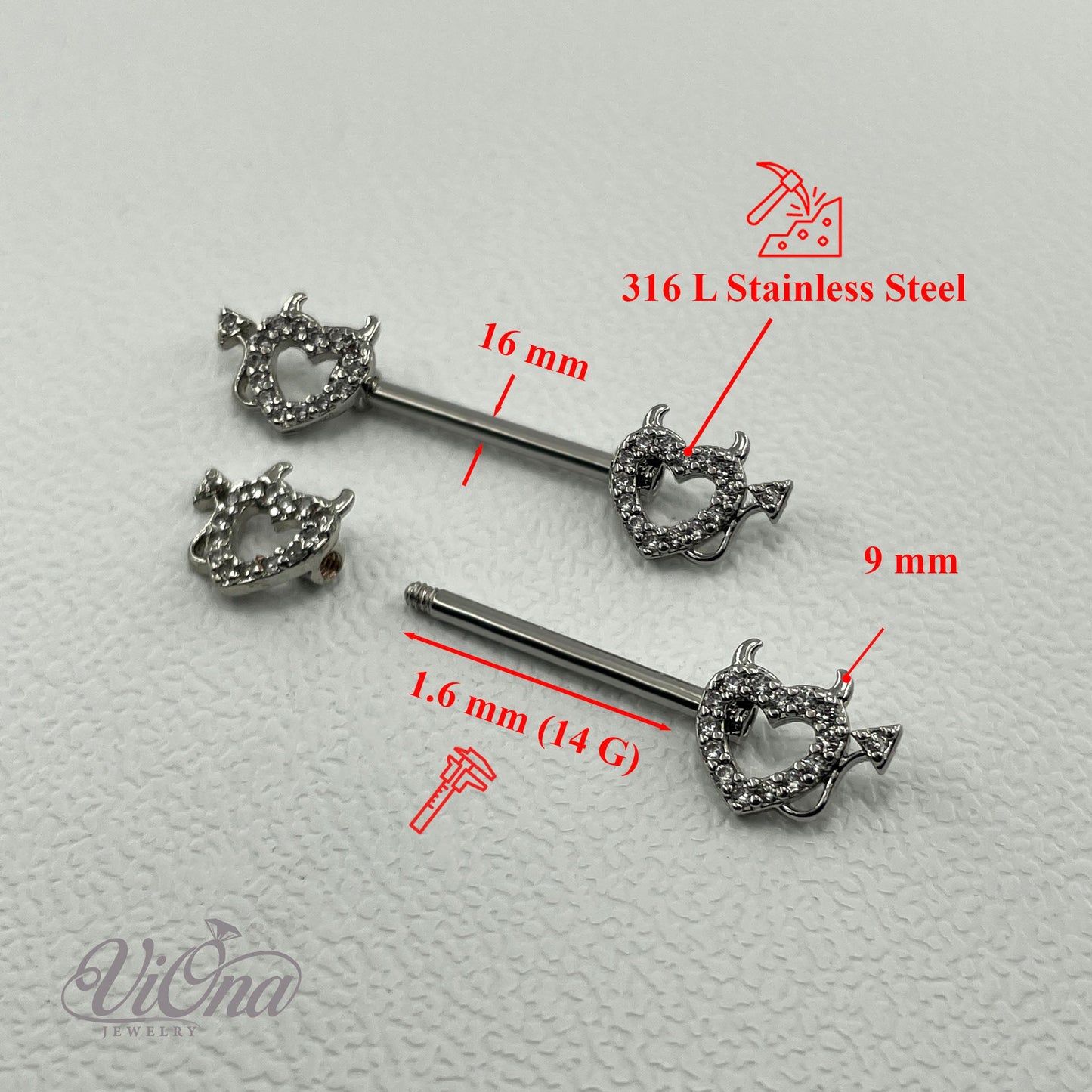 Goth Nipple Piercing Pair – Devil Heart 14G Steel | Viona