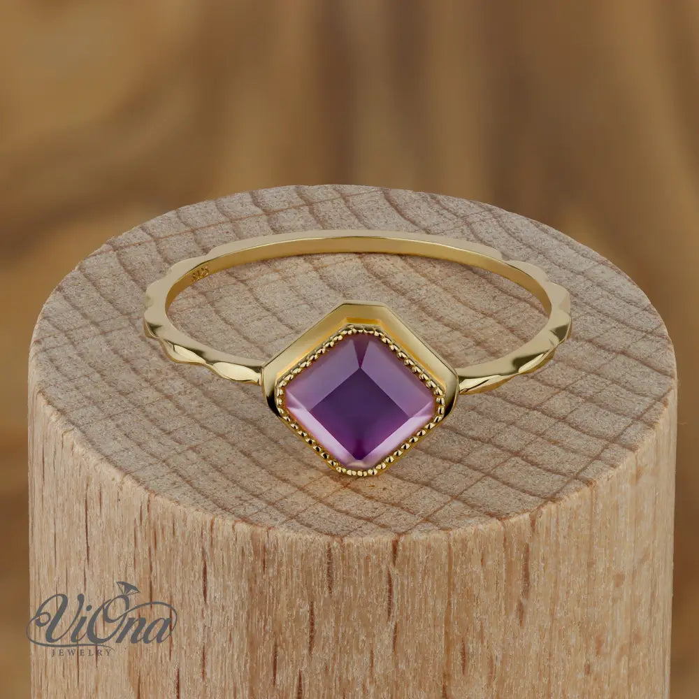 0.5 Carat Real Amethyst Purple Engagement Ring in Square Cut - Elegant Vermeil 925 Sterling Silver