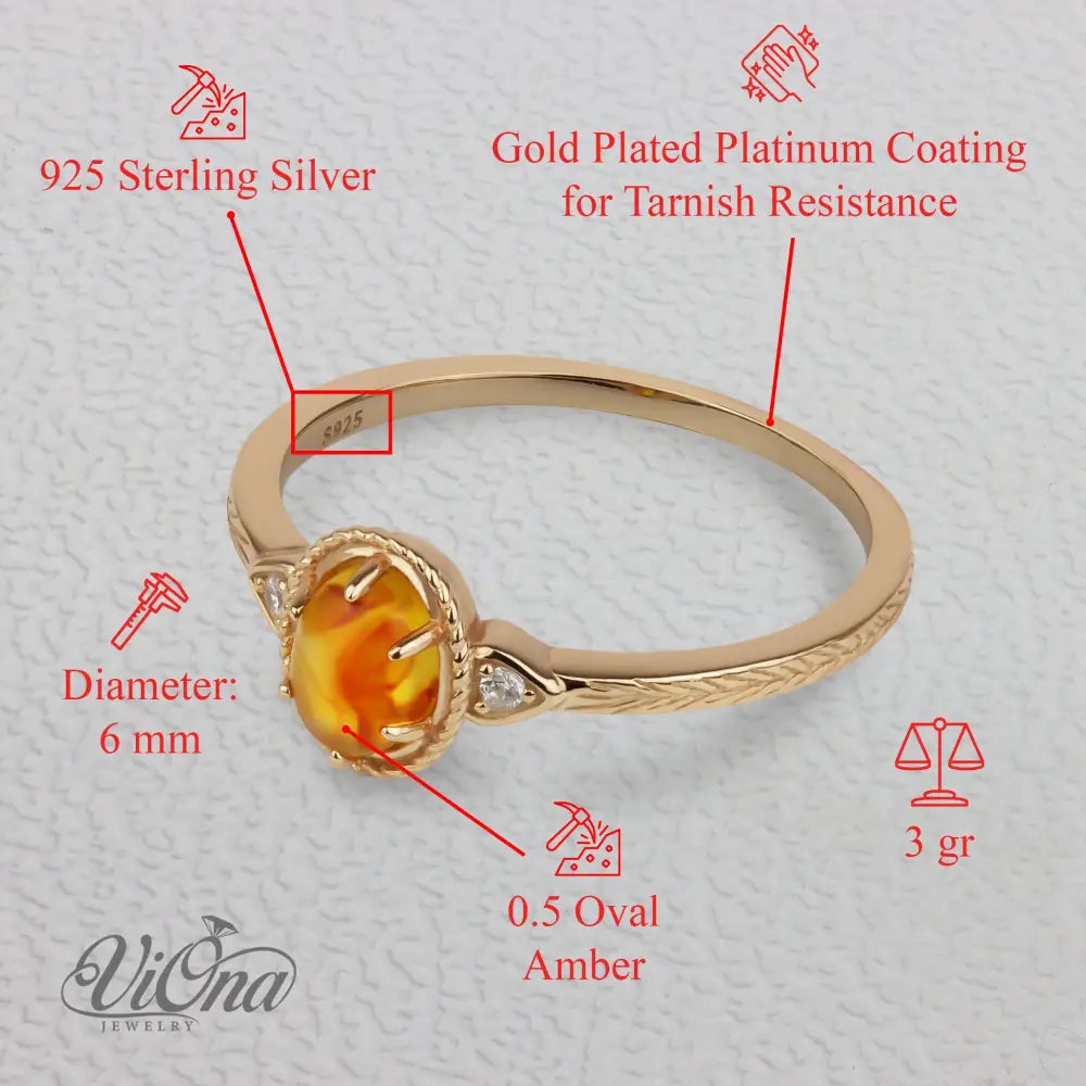 0.5 Carat Real Honey Amber Gemstone Ring in Oval Cut - Elegant Vermeil 925 Sterling Silver