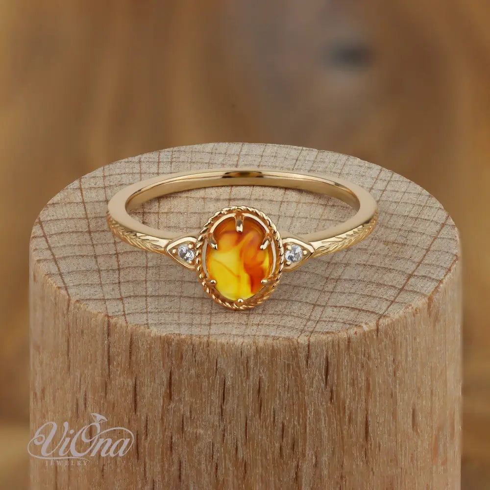 0.5 Carat Real Honey Amber Gemstone Ring in Oval Cut - Elegant Vermeil 925 Sterling Silver