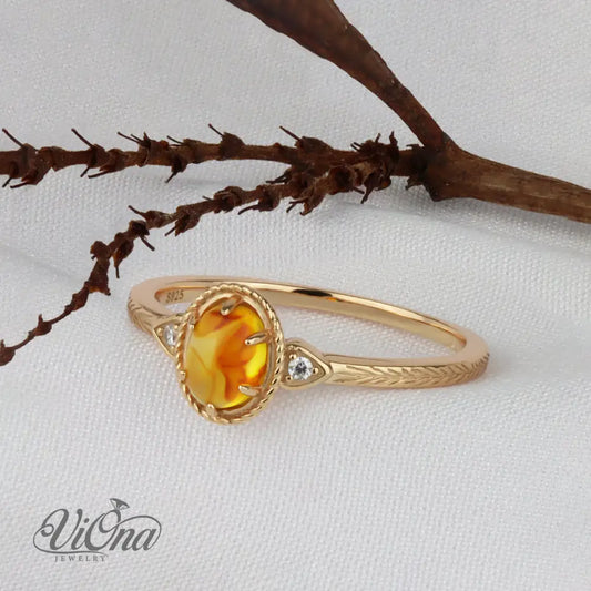 0.5 Carat Real Honey Amber Gemstone Ring in Oval Cut - Elegant Vermeil 925 Sterling Silver