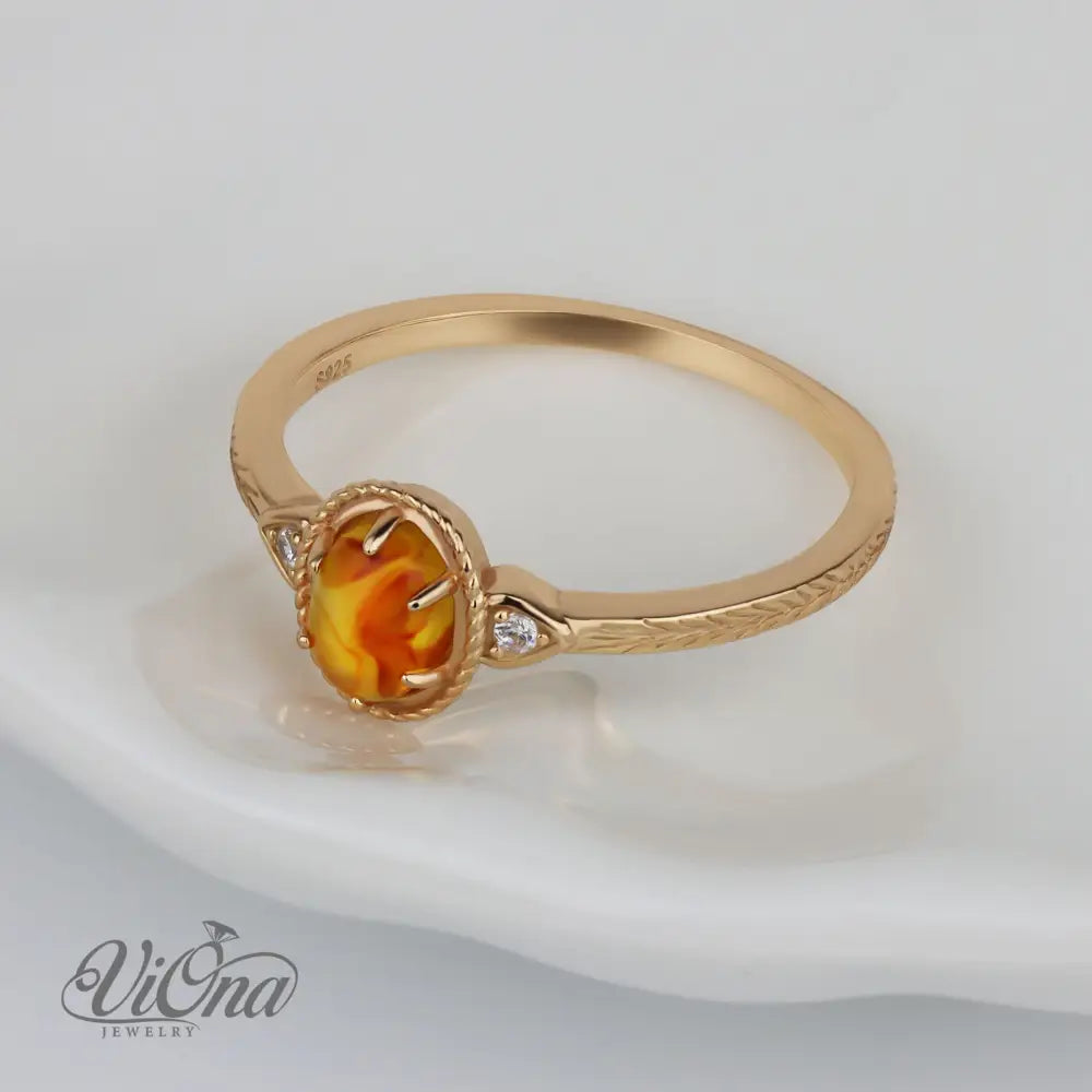 0.5 Carat Real Honey Amber Gemstone Ring in Oval Cut - Elegant Vermeil 925 Sterling Silver