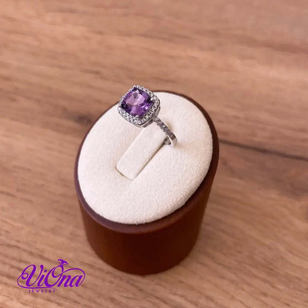 1.5 Carat Real Amethyst Ring, Cushion Cut from pure 952 Sterling Silver, Stamped