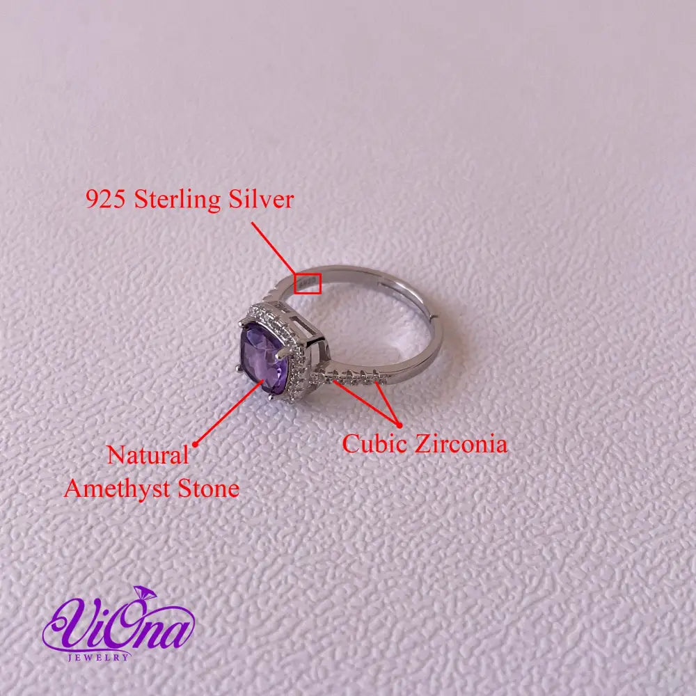 1.5 Carat Real Amethyst Ring, Cushion Cut from pure 952 Sterling Silver, Stamped