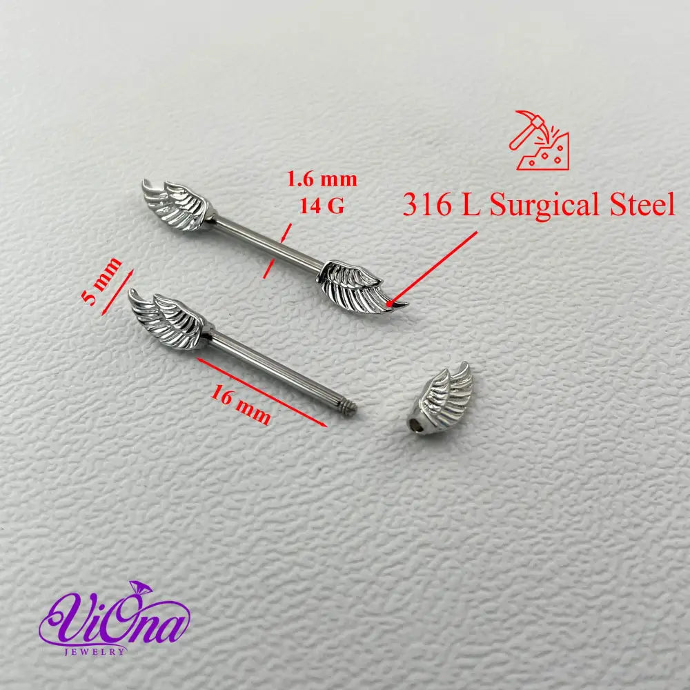 14G Angelic Wings Nipple Piercing: Exquisite Nipple Bar Expertly Crafted from High-Quality 316L Surgical Steel