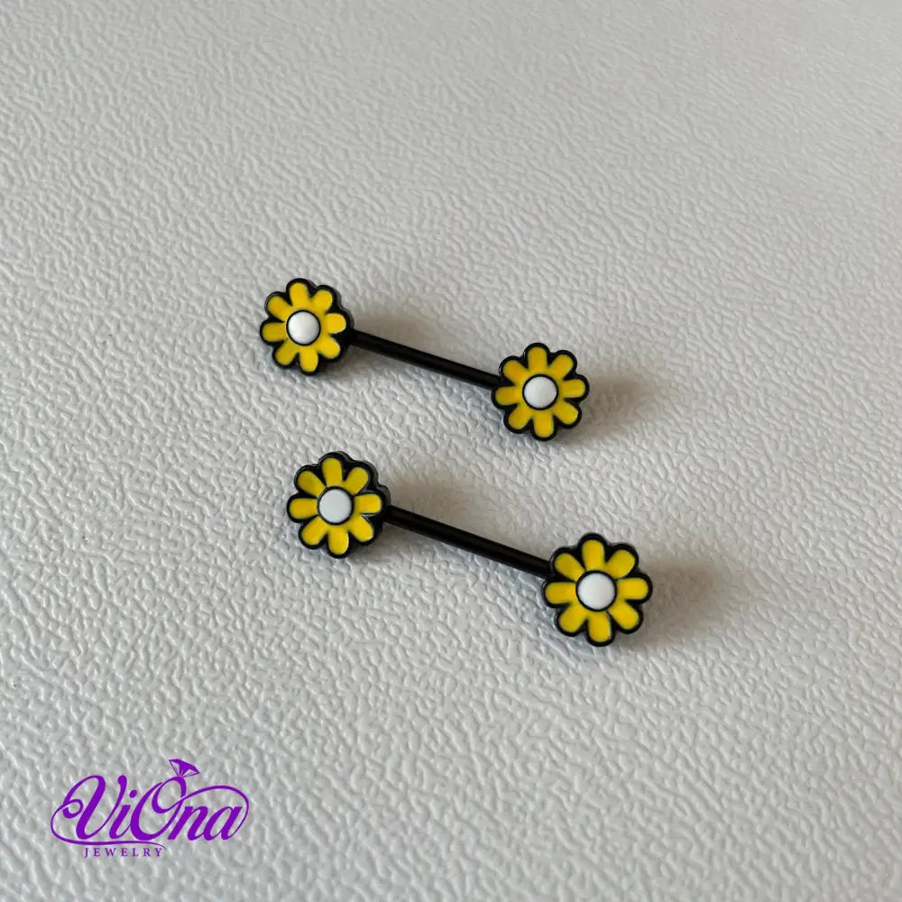 14G Floral Blossom Nipple Bar Piercing - Available in White, Yellow, and Red - Crafted from 316L Surgical Steel