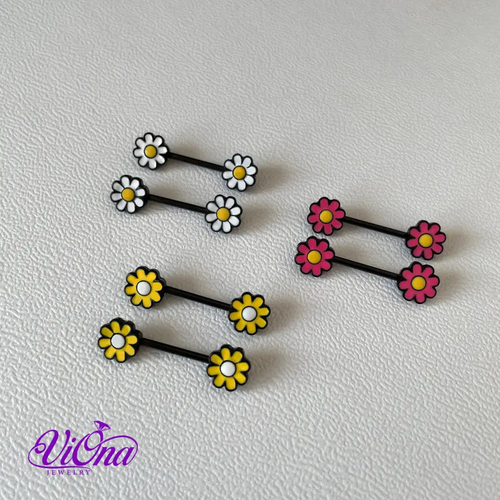 14G Floral Blossom Nipple Bar Piercing - Available in White, Yellow, and Red - Crafted from 316L Surgical Steel