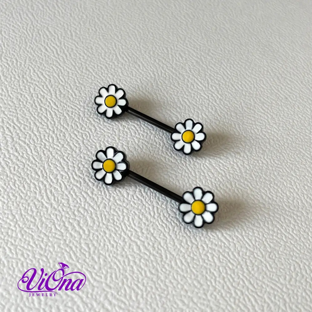 14G Floral Blossom Nipple Bar Piercing - Available in White, Yellow, and Red - Crafted from 316L Surgical Steel