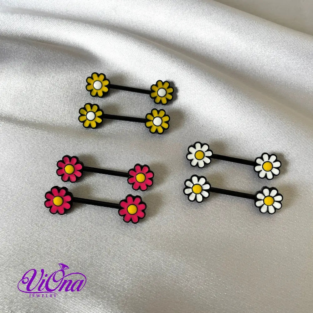 14G Floral Blossom Nipple Bar Piercing - Available in White, Yellow, and Red - Crafted from 316L Surgical Steel