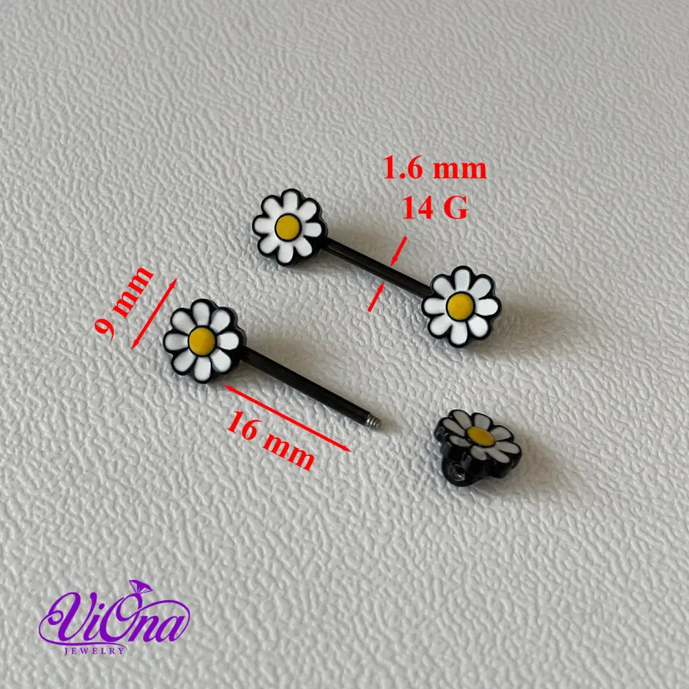 14G Floral Blossom Nipple Bar Piercing - Available in White, Yellow, and Red - Crafted from 316L Surgical Steel