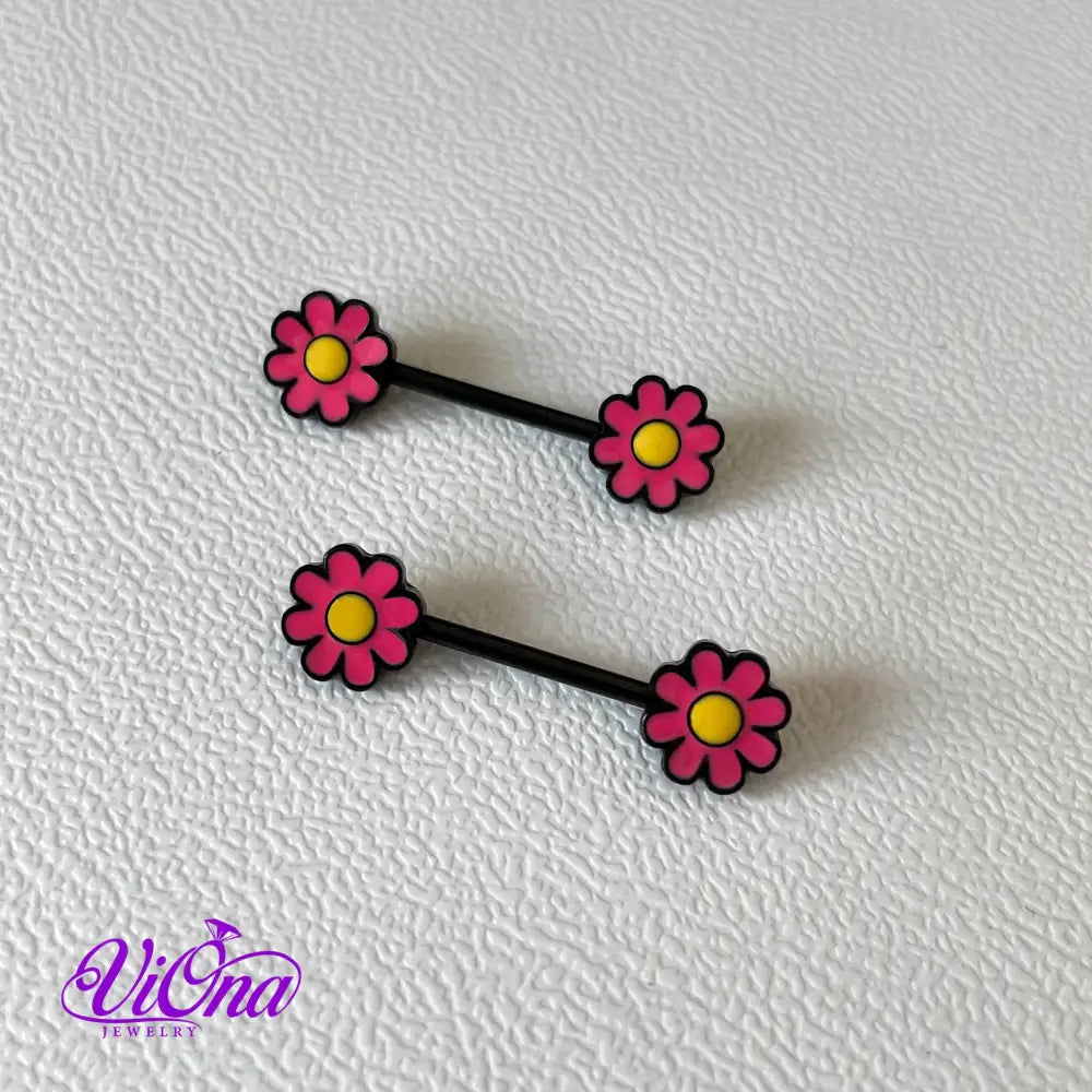 14G Floral Blossom Nipple Bar Piercing - Available in White, Yellow, and Red - Crafted from 316L Surgical Steel