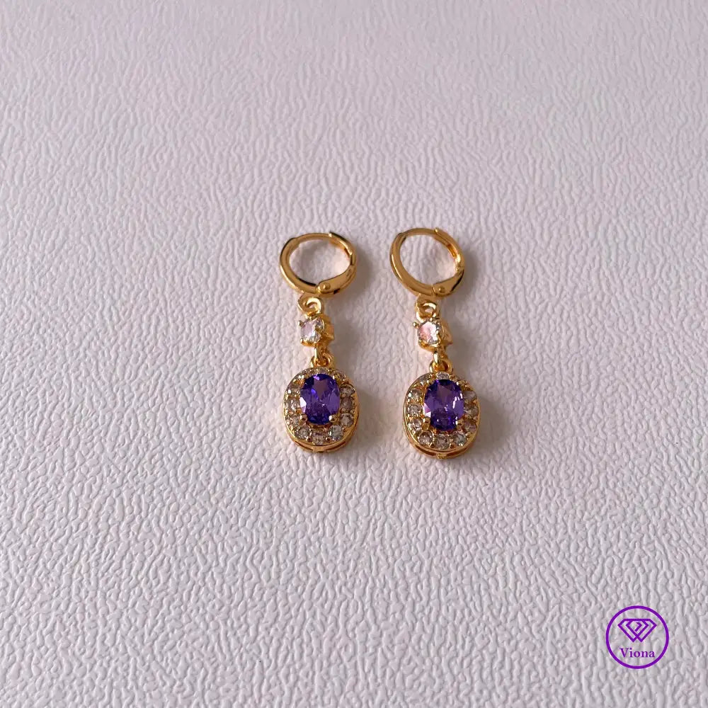 18K gold filled oval earrings with main amethyst purple cubic zirconia stone and small white CZ decoration