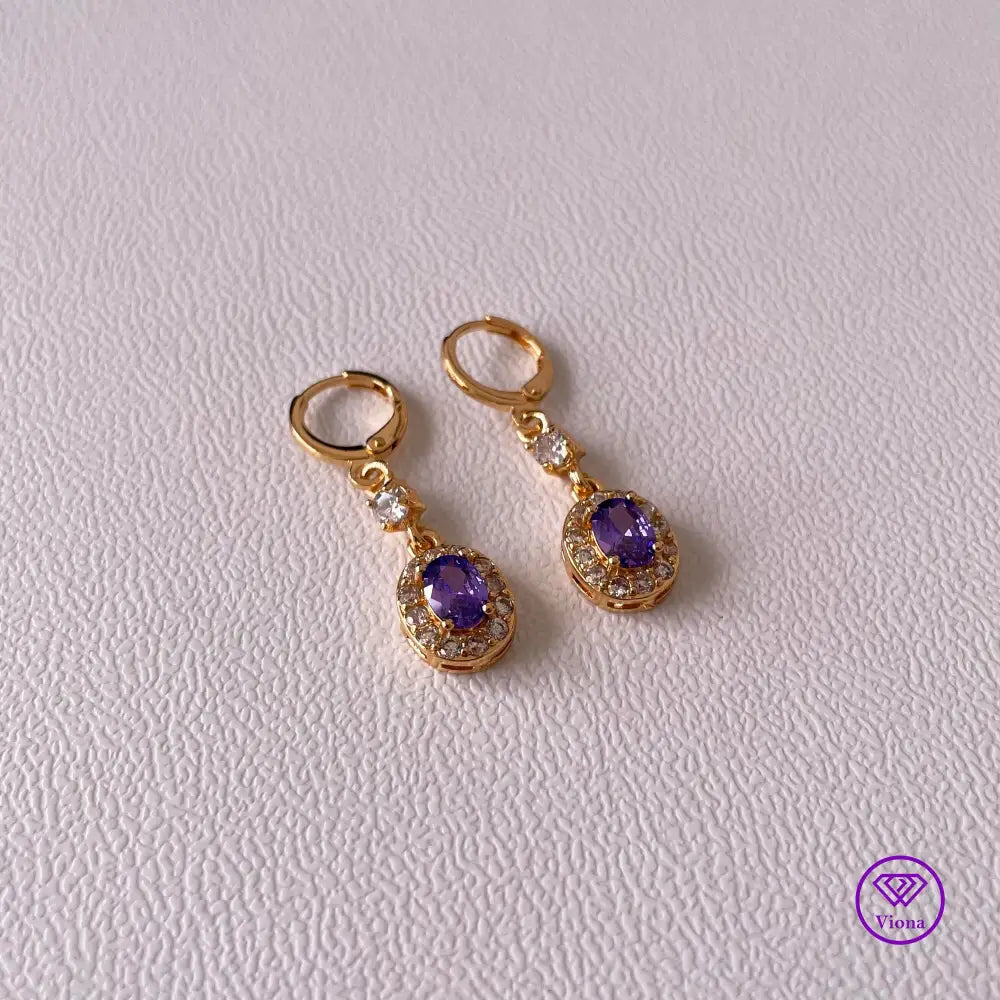 18K gold filled oval earrings with main amethyst purple cubic zirconia stone and small white CZ decoration