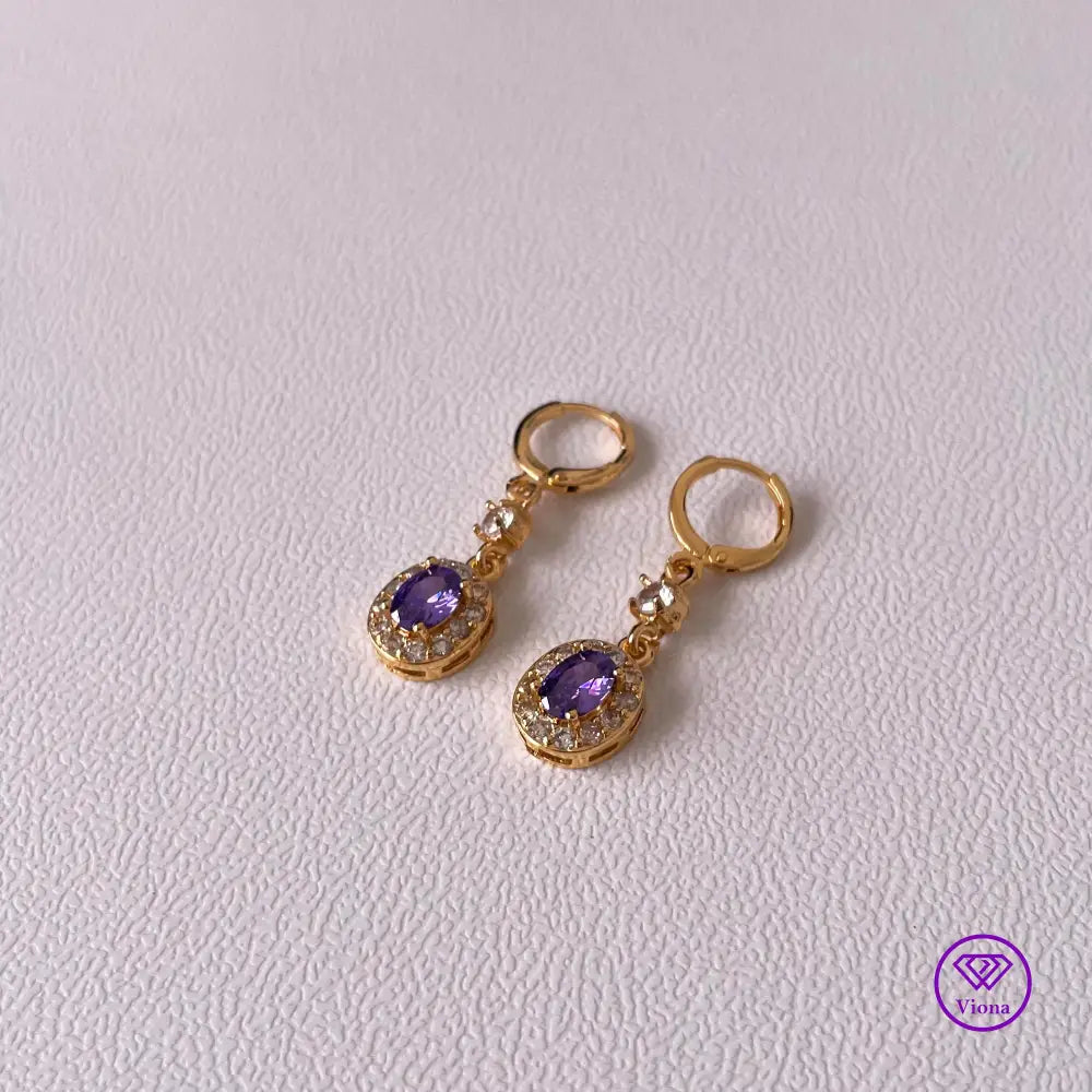 18K gold filled oval earrings with main amethyst purple cubic zirconia stone and small white CZ decoration