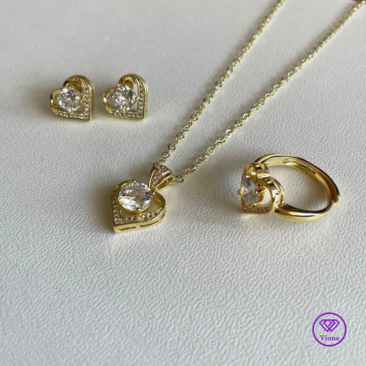 18K Gold Plated Silver Jewelry Set with Heart shape and Round Cubic Zirconia