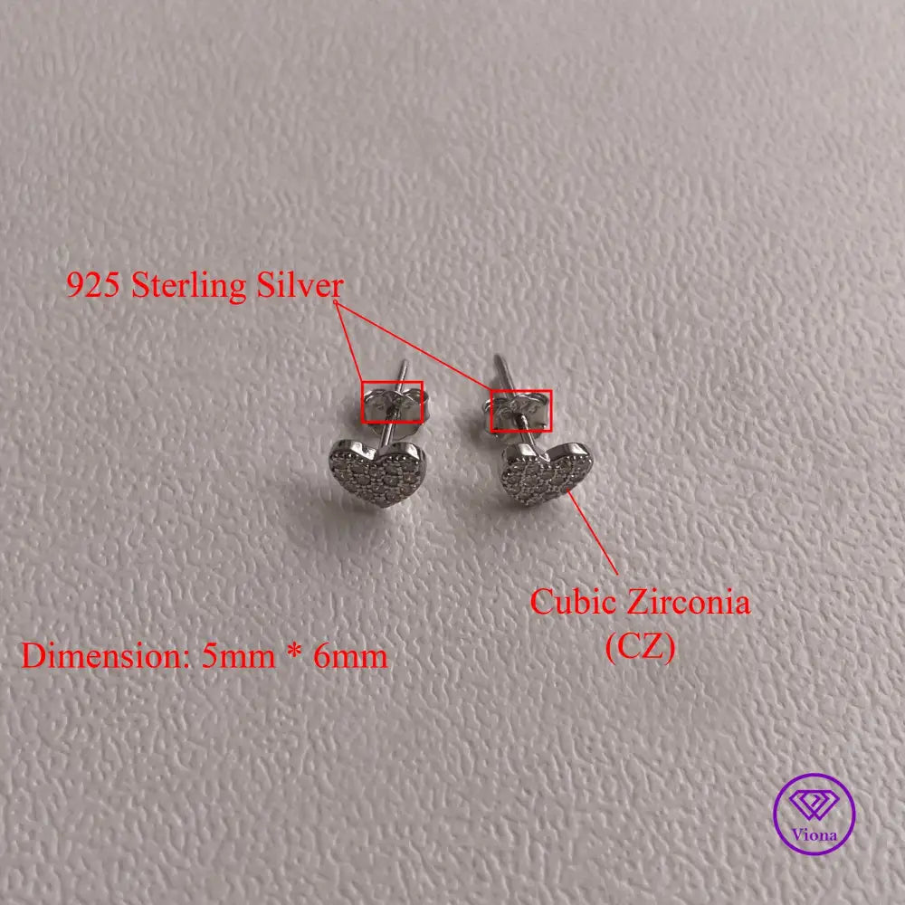 925 sterling silver heart stud earrings with CZ stones