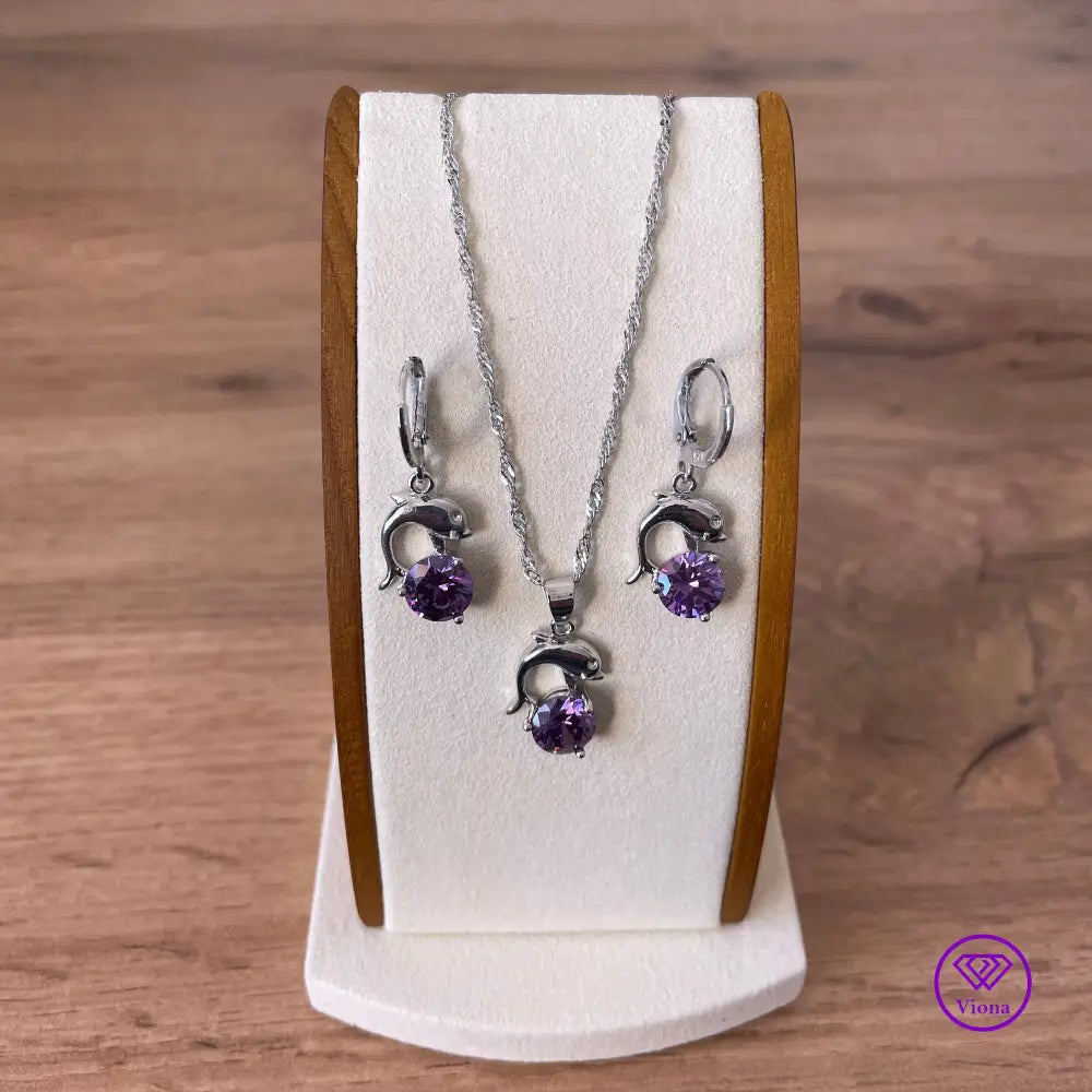 925 sterling silver jewelry set with dolphin form and amethyst color, 2 pieces