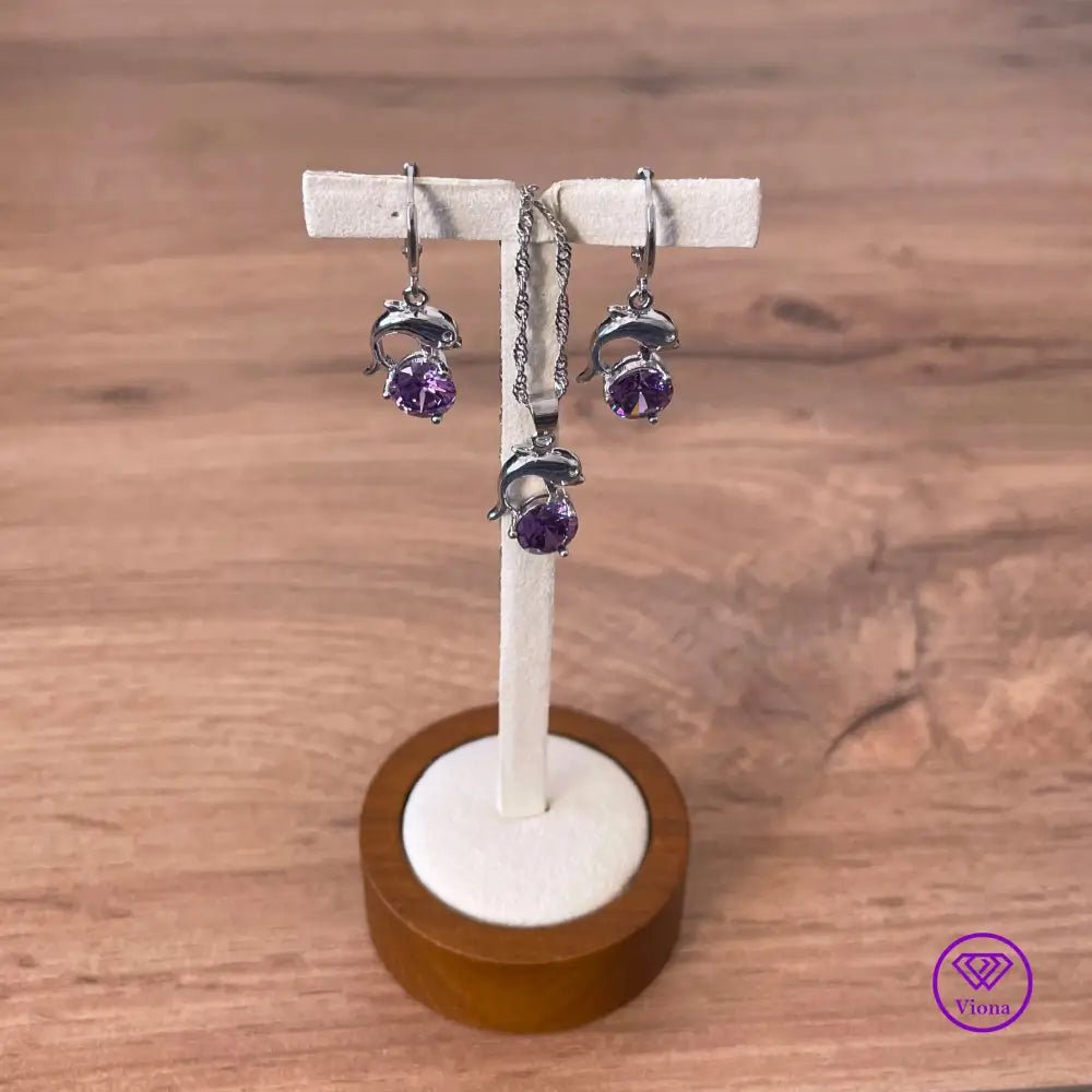 925 sterling silver jewelry set with dolphin form and amethyst color, 2 pieces