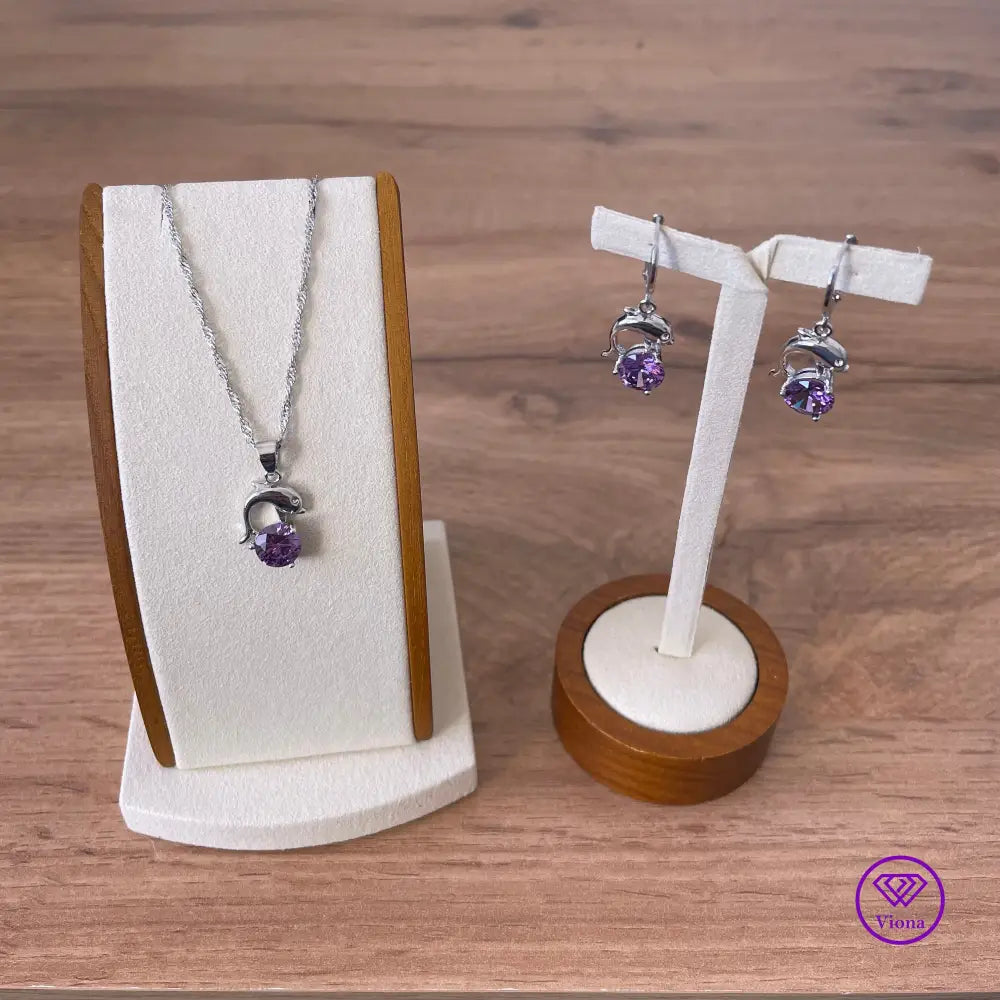 925 sterling silver jewelry set with dolphin form and amethyst color, 2 pieces