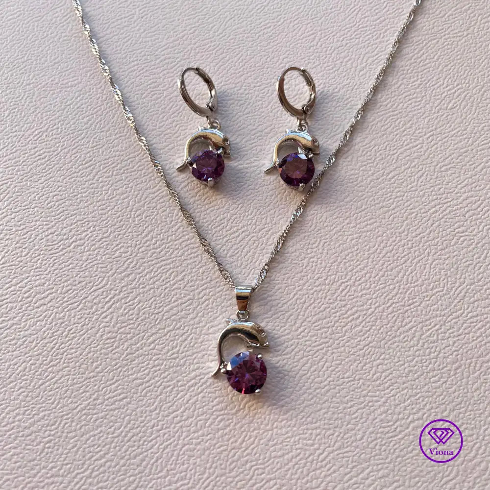 925 sterling silver jewelry set with dolphin form and amethyst color, 2 pieces