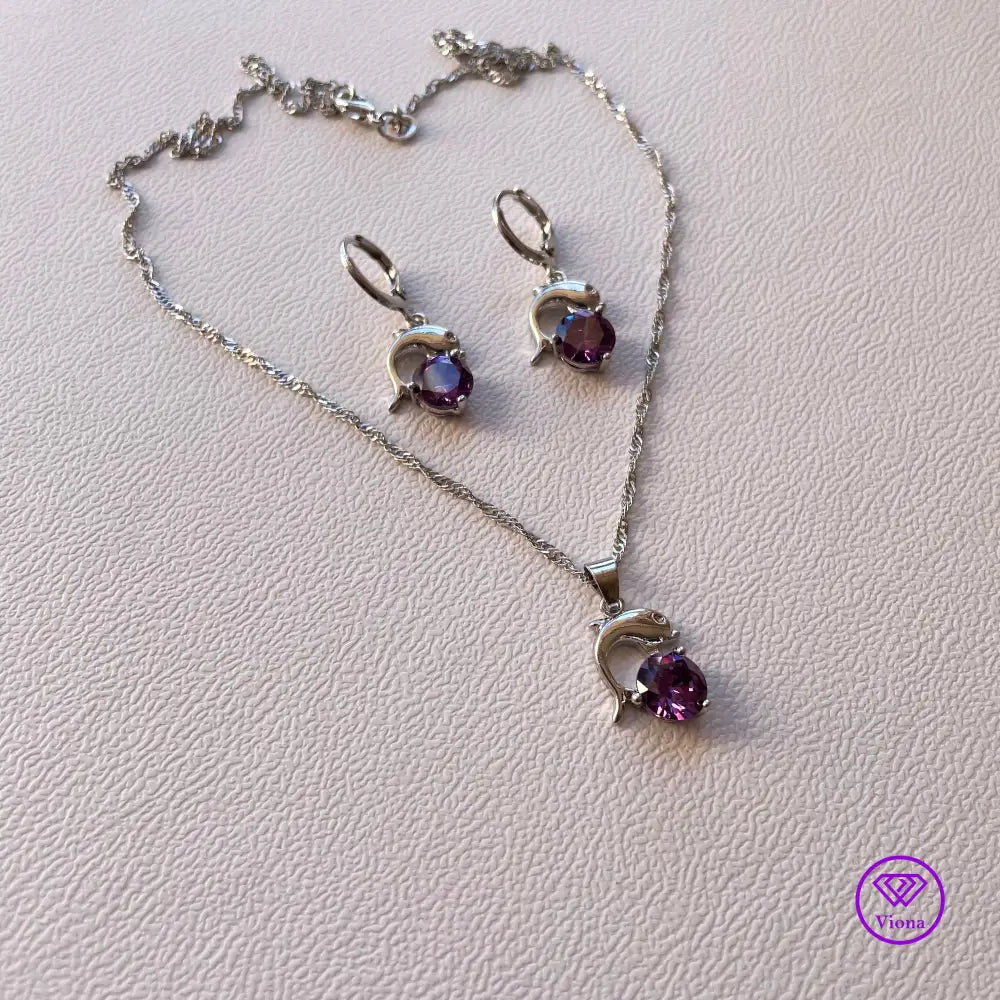 925 sterling silver jewelry set with dolphin form and amethyst color, 2 pieces