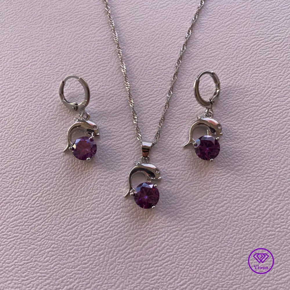 925 sterling silver jewelry set with dolphin form and amethyst color, 2 pieces