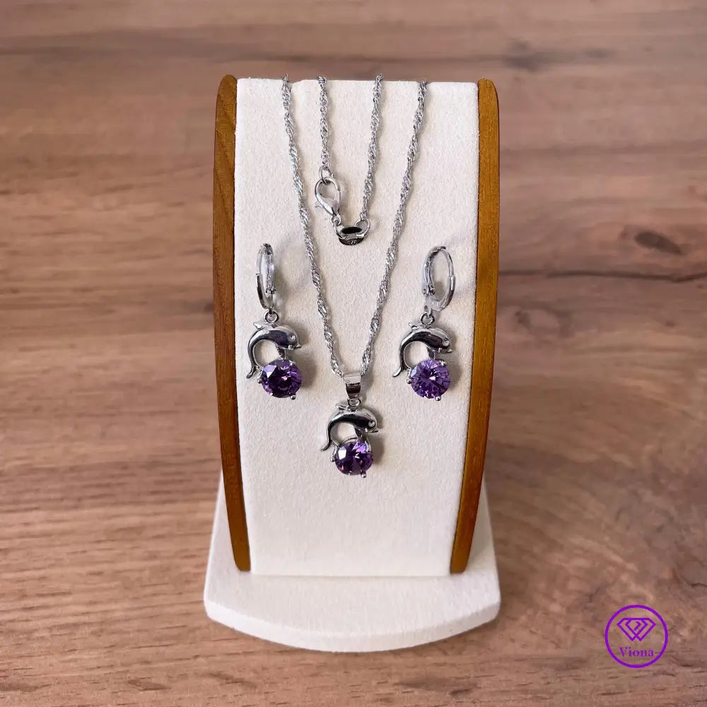 925 sterling silver jewelry set with dolphin form and amethyst color, 2 pieces