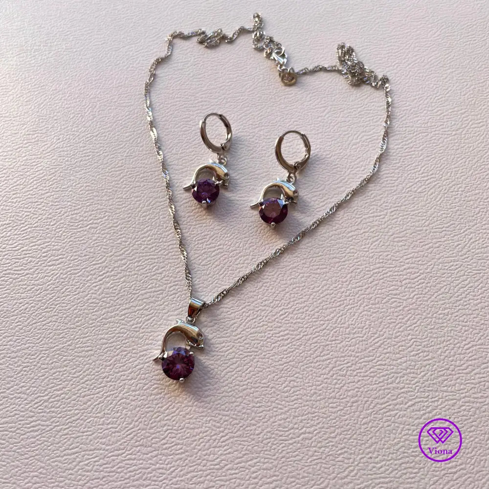 925 sterling silver jewelry set with dolphin form and amethyst color, 2 pieces