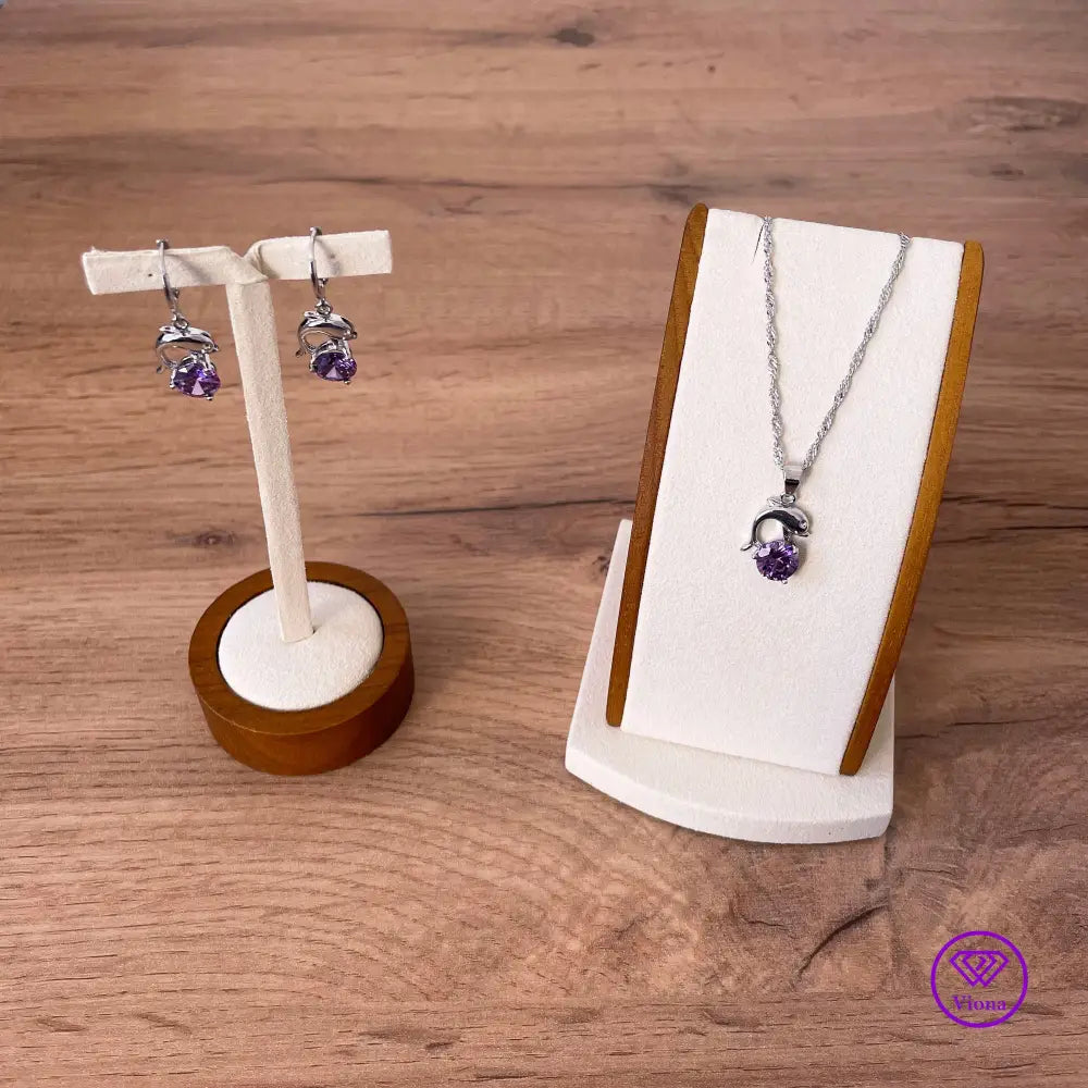 925 sterling silver jewelry set with dolphin form and amethyst color, 2 pieces