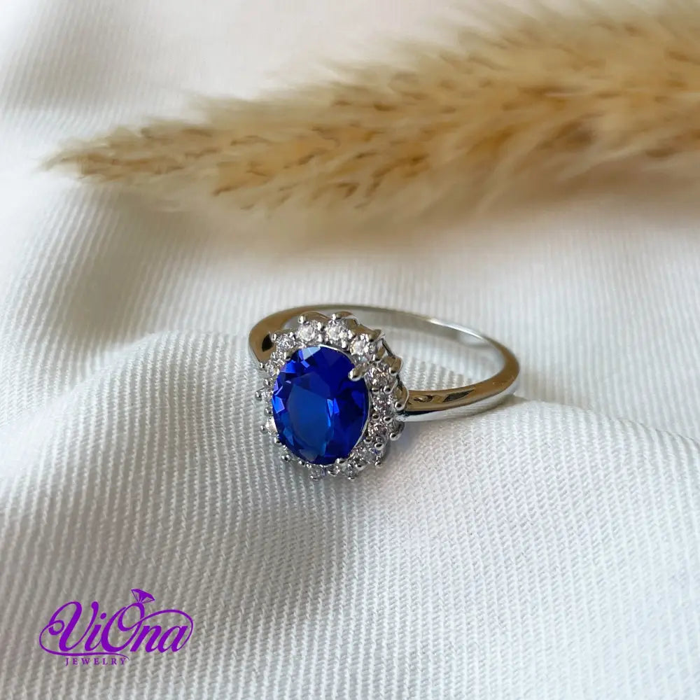 925 Sterling Silver Ring with Sapphire Blue Synth Stone, Stamped