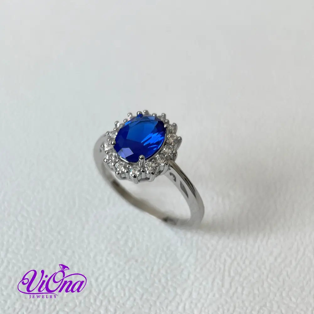 925 Sterling Silver Ring with Sapphire Blue Synth Stone, Stamped