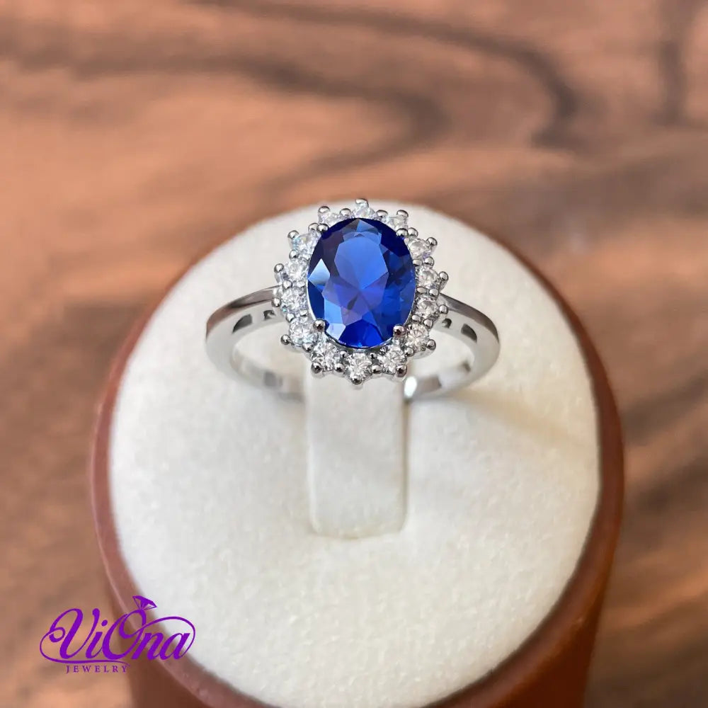 925 Sterling Silver Ring with Sapphire Blue Synth Stone, Stamped