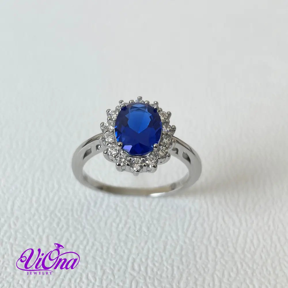 925 Sterling Silver Ring with Sapphire Blue Synth Stone, Stamped