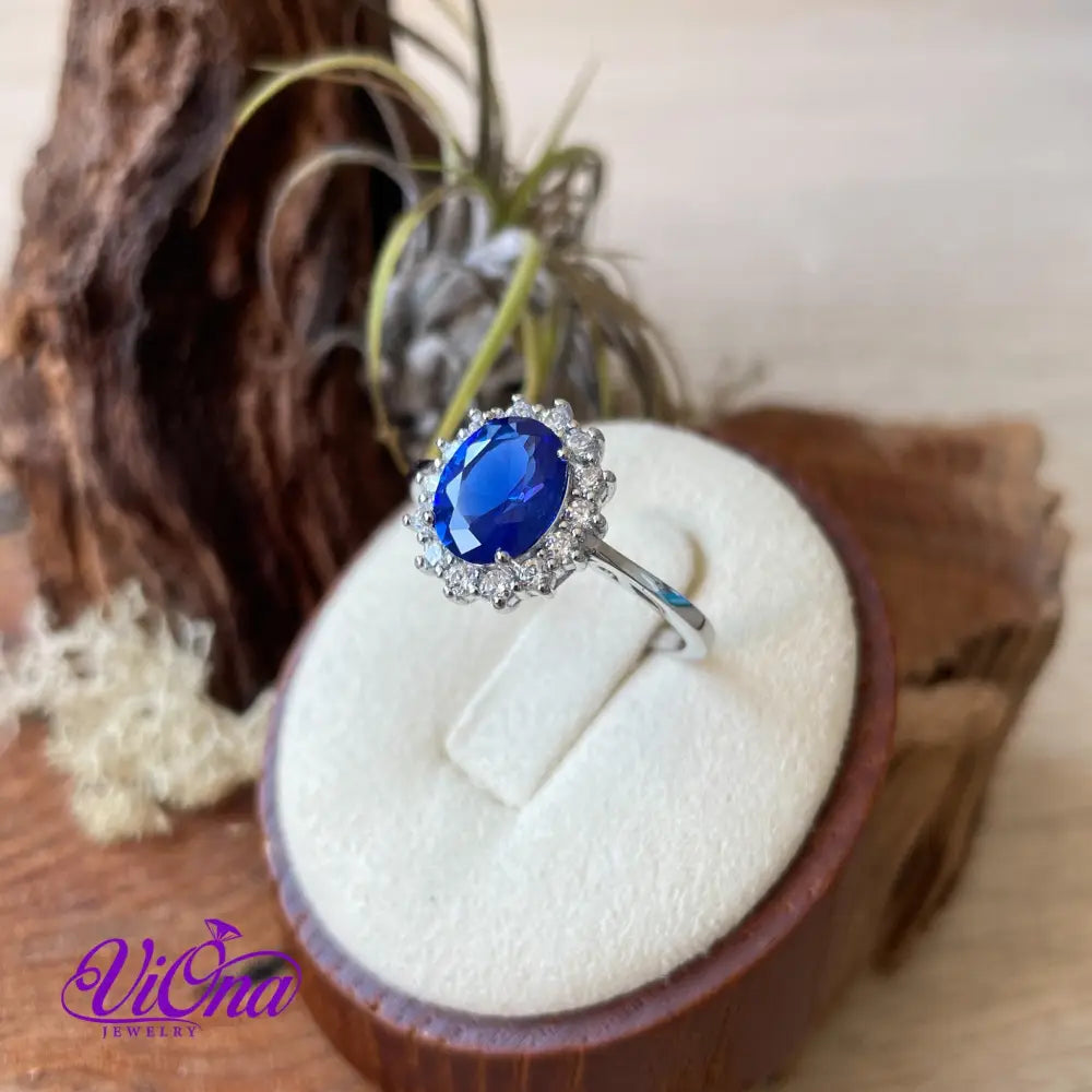 925 Sterling Silver Ring with Sapphire Blue Synth Stone, Stamped