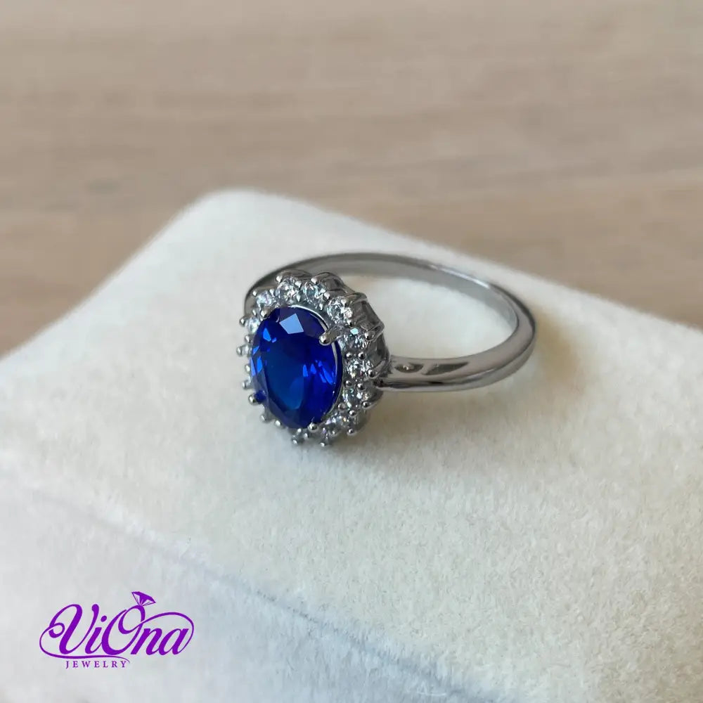 925 Sterling Silver Ring with Sapphire Blue Synth Stone, Stamped