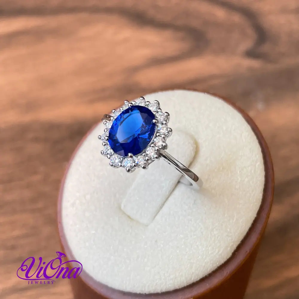 925 Sterling Silver Ring with Sapphire Blue Synth Stone, Stamped