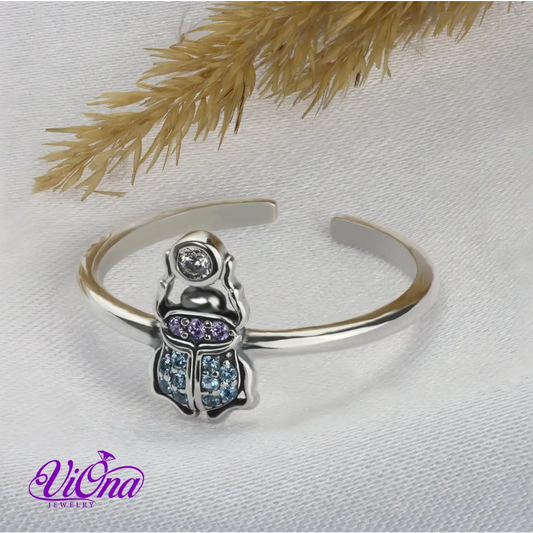 925 Sterling Silver Scarab Beetle Open Ring: A Symbol of Egyptian Renewal and Nature's Beauty