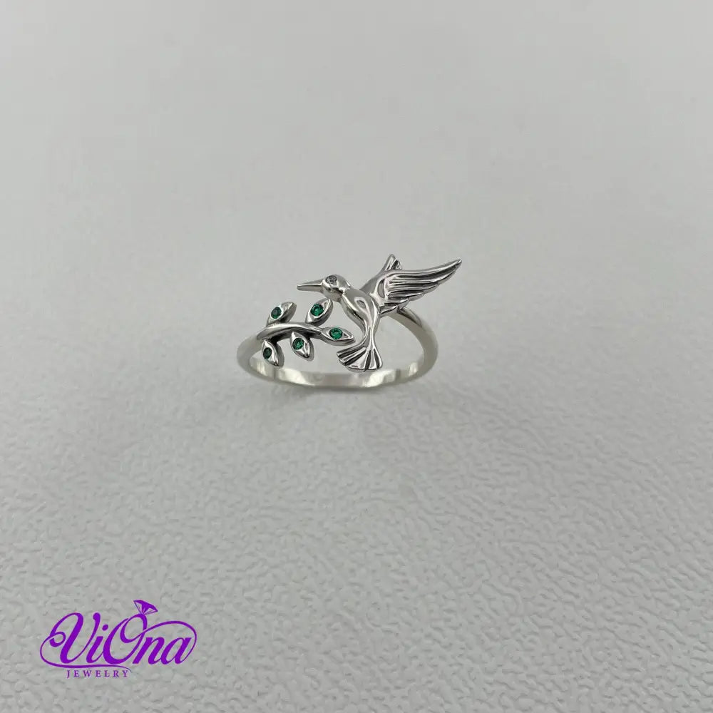 Adjustable 925 Sterling silver Ring, hummingbird & Olive leaf, Stamped