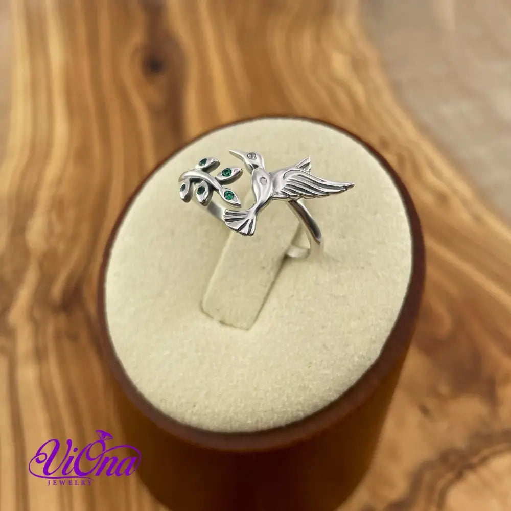 Adjustable 925 Sterling silver Ring, hummingbird & Olive leaf, Stamped