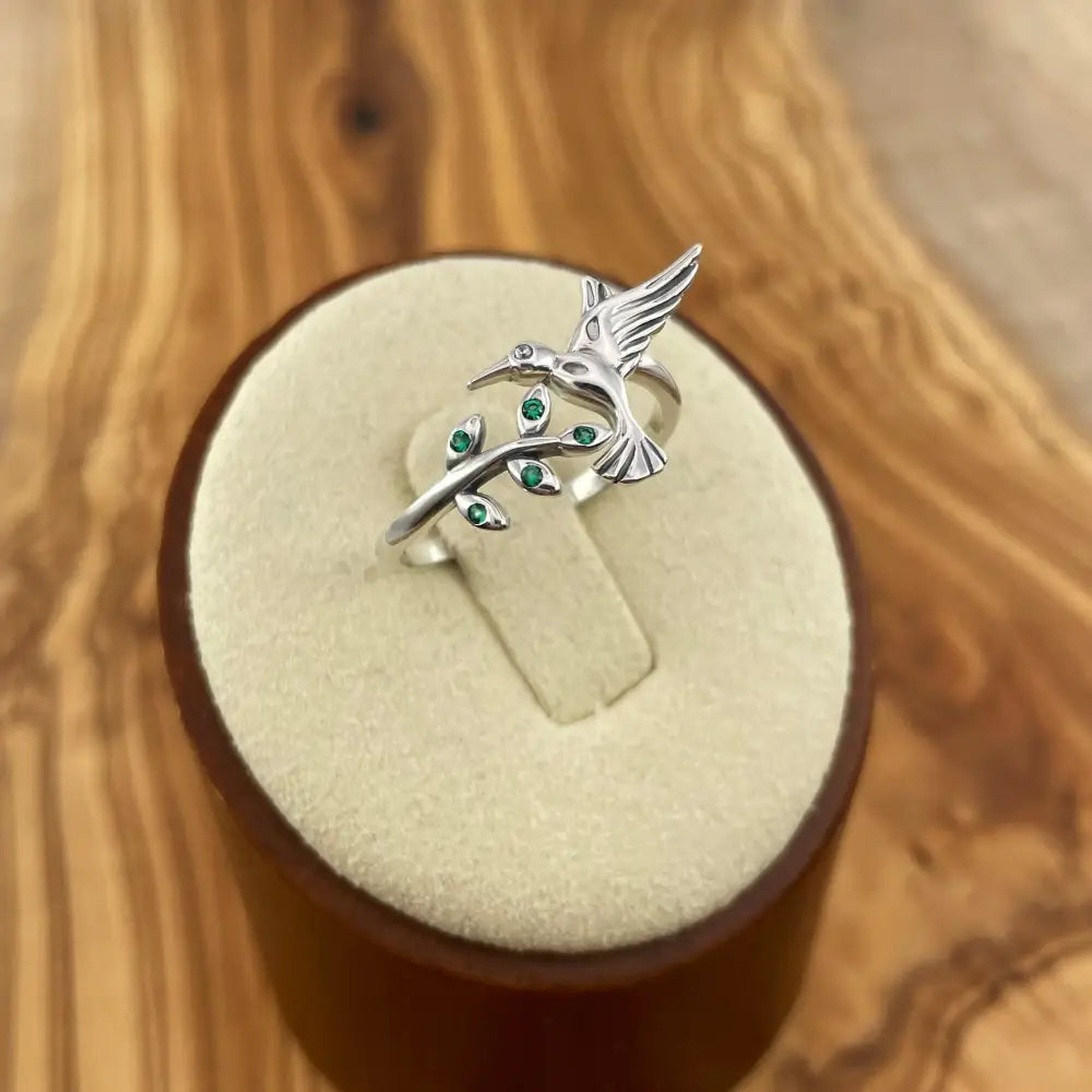 Adjustable 925 Sterling silver Ring, hummingbird & Olive leaf, Stamped