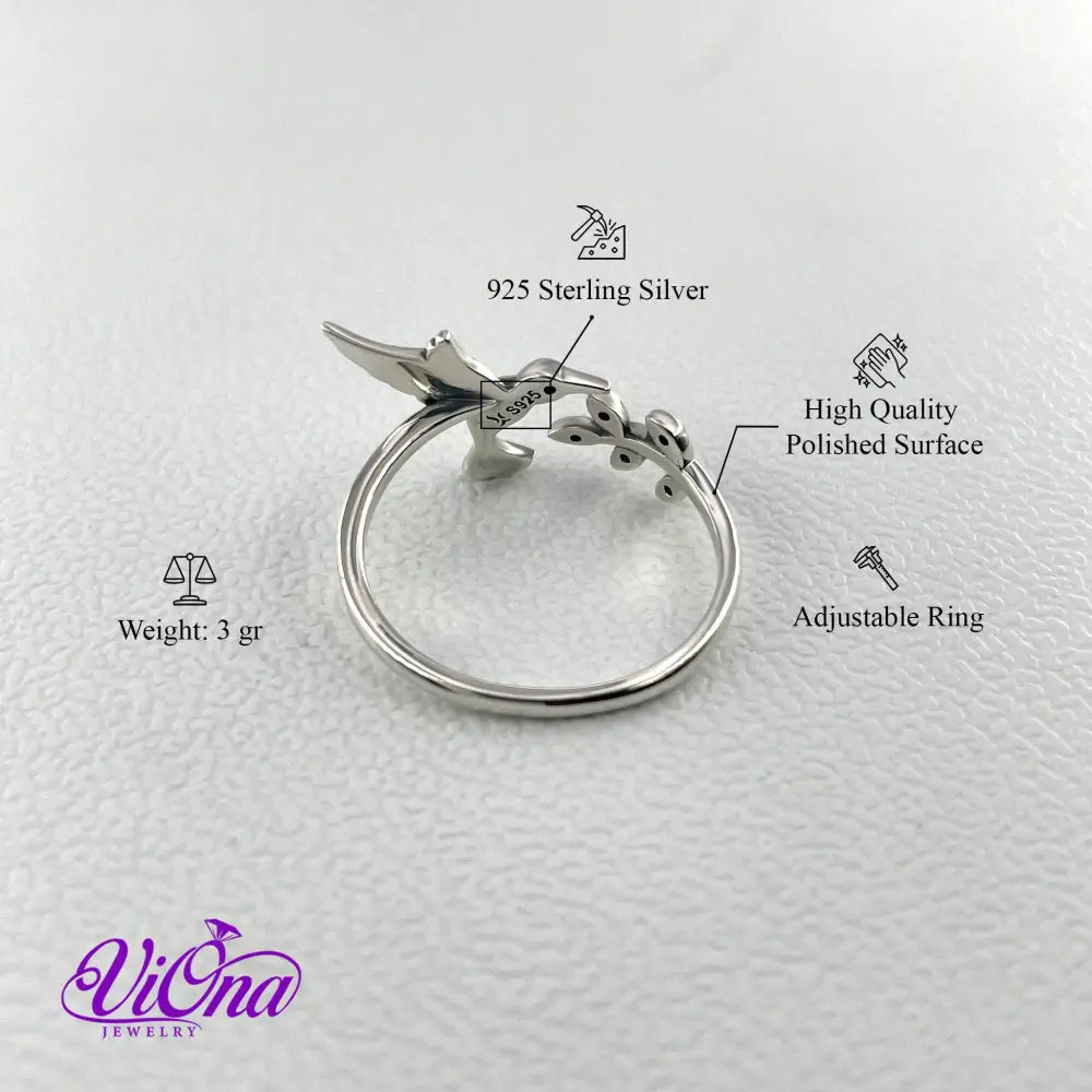 Adjustable 925 Sterling silver Ring, hummingbird & Olive leaf, Stamped