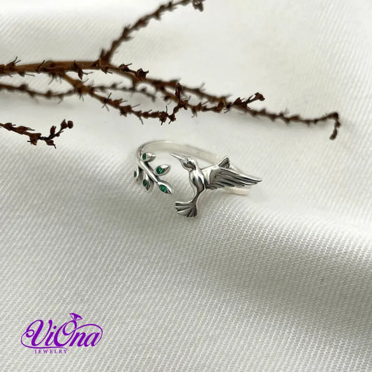 Adjustable 925 Sterling silver Ring, hummingbird & Olive leaf, Stamped