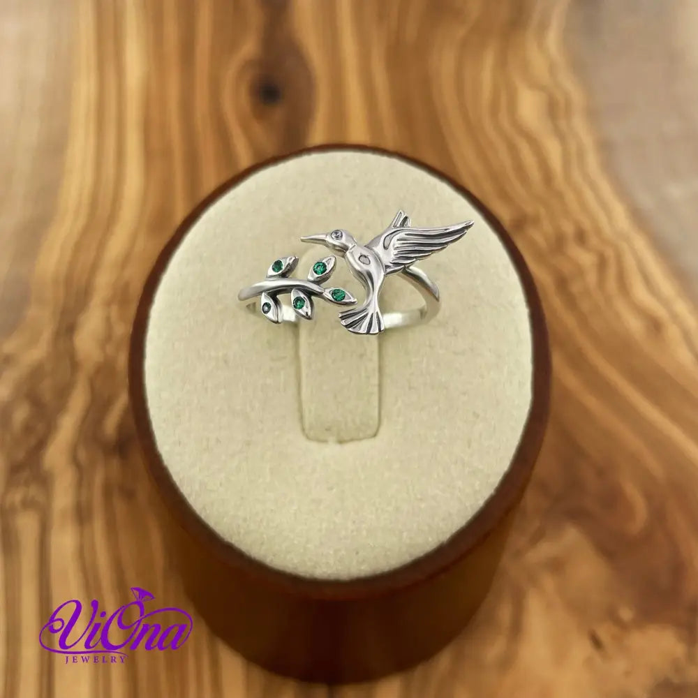 Adjustable 925 Sterling silver Ring, hummingbird & Olive leaf, Stamped