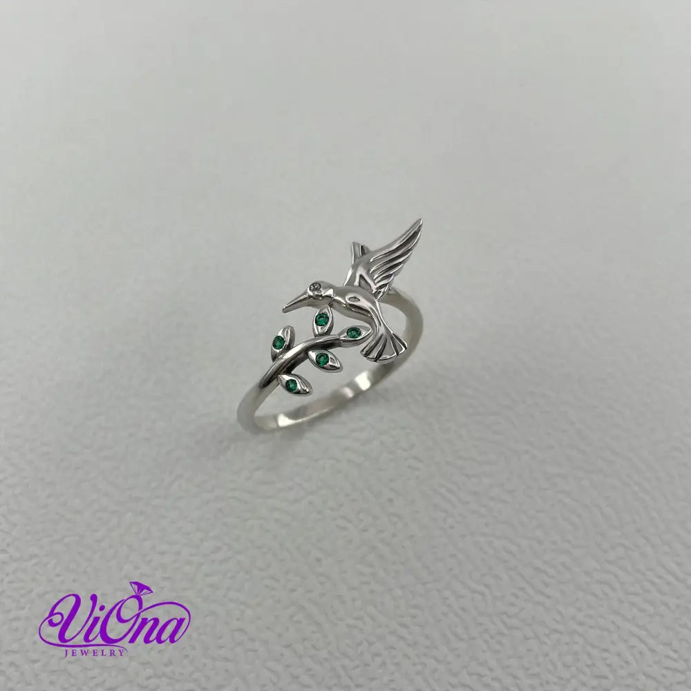 Adjustable 925 Sterling silver Ring, hummingbird & Olive leaf, Stamped