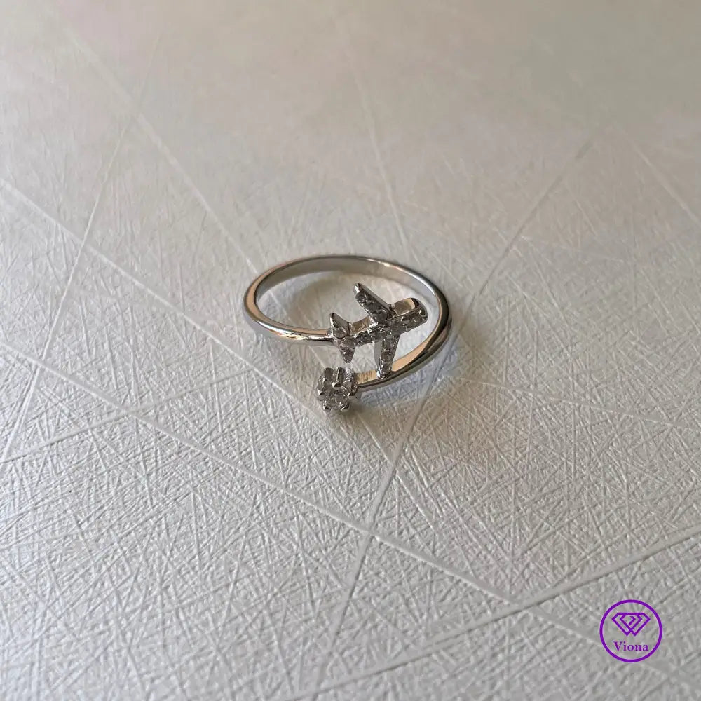 Adjustable shooting star and airplane ring, CZ Stone, Sterling silver and 925 stamped