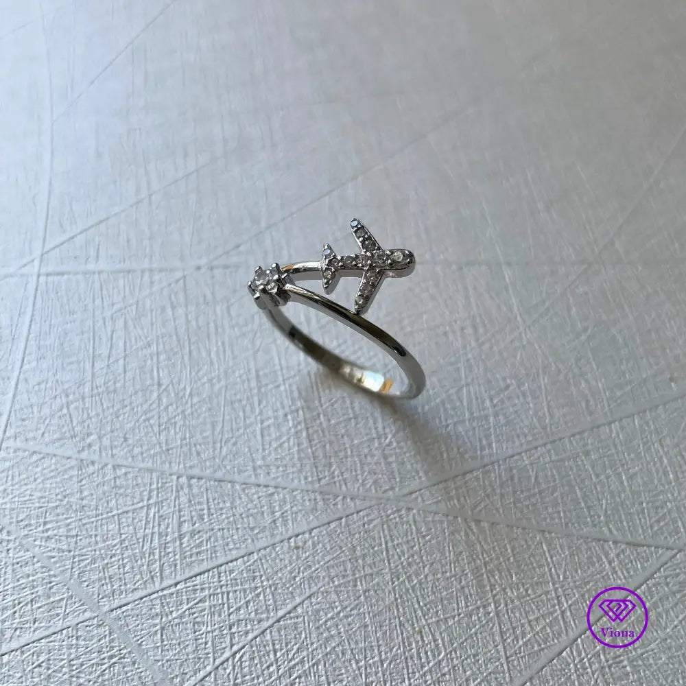 Adjustable shooting star and airplane ring, CZ Stone, Sterling silver and 925 stamped