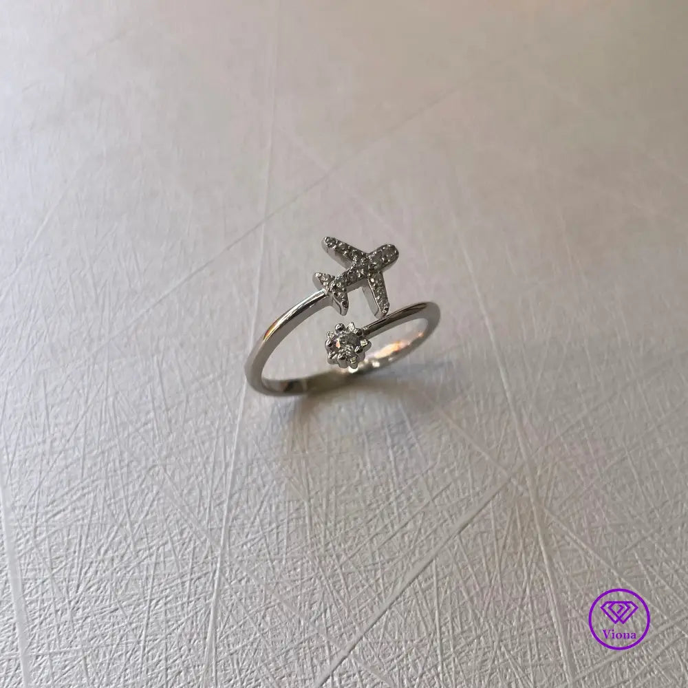 Adjustable shooting star and airplane ring, CZ Stone, Sterling silver and 925 stamped