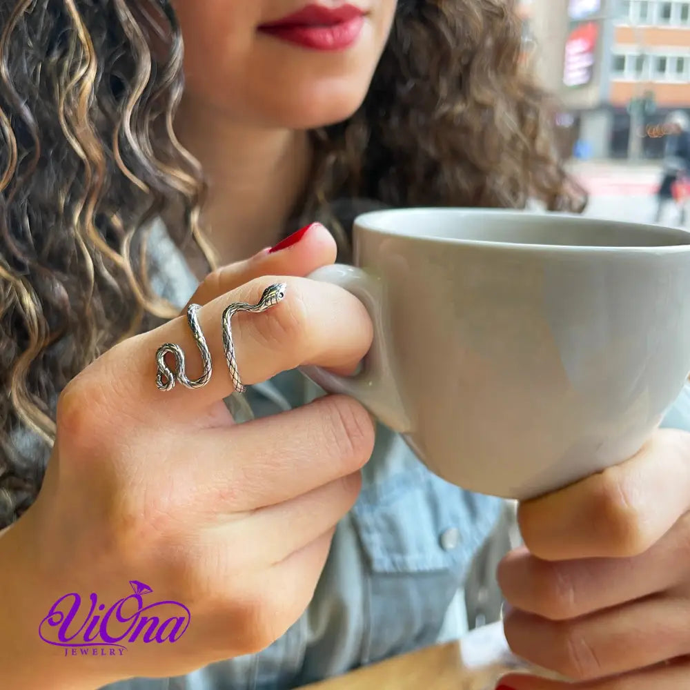 Adjustable Snake Ring from Oxidized 925 Sterling Silver with Green CZ Eye