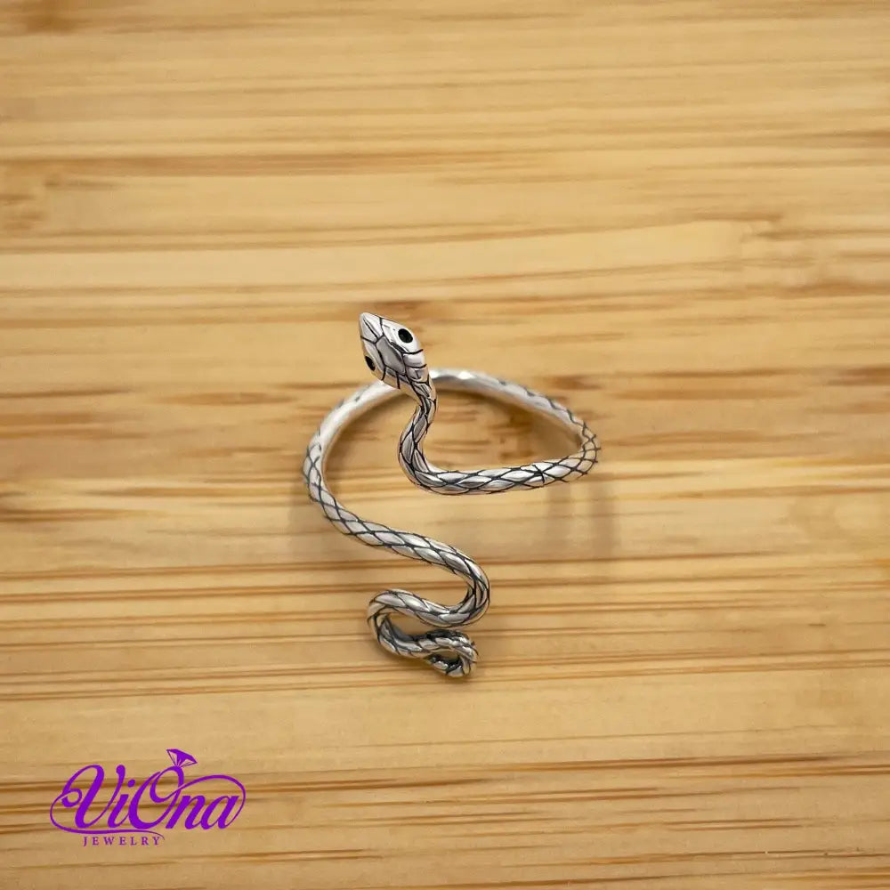 Adjustable Snake Ring from Oxidized 925 Sterling Silver with Green CZ Eye